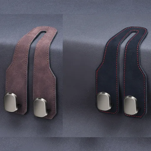 2-piece Black and Brown Alloy Dual-Hook Car Seat Back Hanger — Foldable, Faux-Suede Headrest Hook; The ideal companion for hanging handbags and shopping bags, also doubles as a mobile phone holder