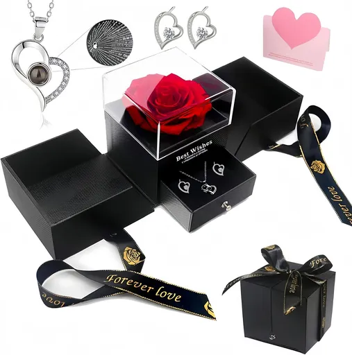 Platinum heart-shaped projection necklace, engraved with 100 ways to say "I love you," paired with matching heart-shaped earrings, presented in a rose-adorned double-door gift box—a refined gift blending technology and romance.