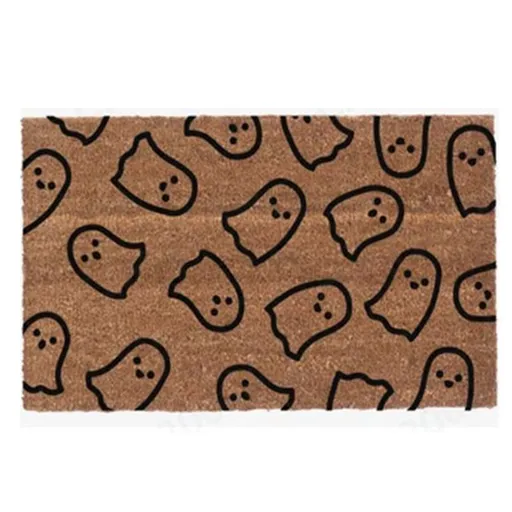 Cute Line Ghost Print, Front Door Entry Mat, Rough Textured Scrapes Mud Dirt Sand, Non Slip Backing, for Cottage Halloween Party Decor, Halloween Enthusiasts, Brown