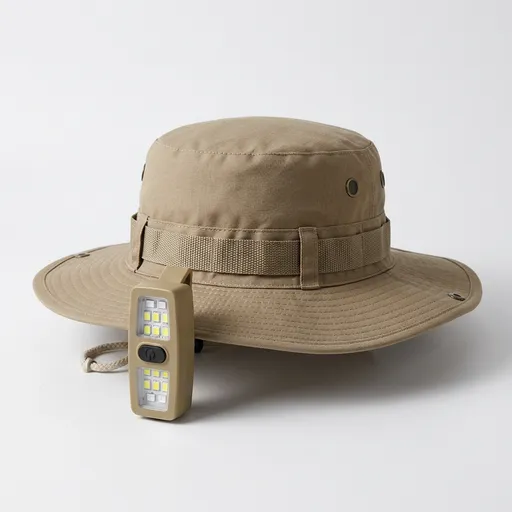 Khaki Outdoor Sun Protection and Safety Light Bundle - Foldable Polyester Bucket Hat with Wide Brim and Adjustable Chin Strap plus Rechargeable Mini Clip LED Safety Light for Hiking Camping Night Running