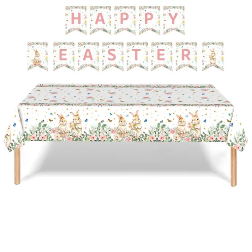 Easter Party Decoration Set – Floral Bunny Tablecloth 137x274cm + Happy Easter Banner, Spring-Themed Decor for Festive Gatherings