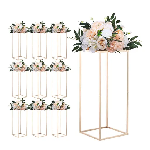 Wedding Flower Stand, 10PCS 60cm Column Flower Stand, Floral Stands with Metal Laminate, Gold Rectangular Floral Display Rack for Wedding, Party, Birthday, Home, Gold Centerpiece Stands