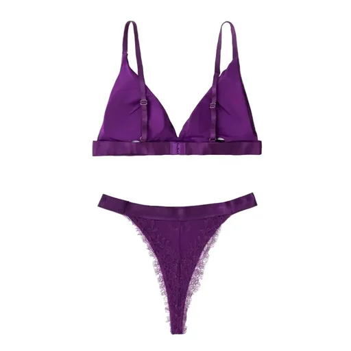 House Of Dasein French Style Ultra Thin Solid Color Lace Underwear Triangle Cup Wire Free Bra Erotic Two Piece Set - Purple - S
