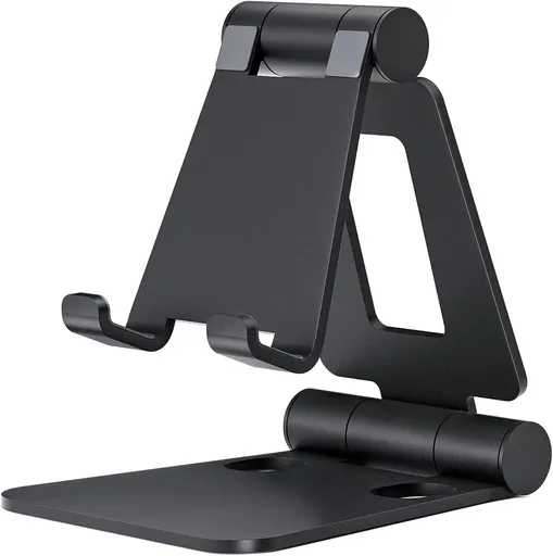 Dual Folding Cell Phone Stand, Fully Adjustable Foldable Desktop Phone Holder Cradle Dock Compatible with Phone 15 14 13 12 11 Pro Xs Xs Max Xr X 8, Nintendo Switch, All Phones- Black