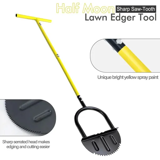 Manual Lawn Edging Tool with T-Handle and Serrated Half-Moon Blade, Garden Edge Trimmer for Clean Borders Along Walkways, Flower Beds and Tree Rings (Yellow)