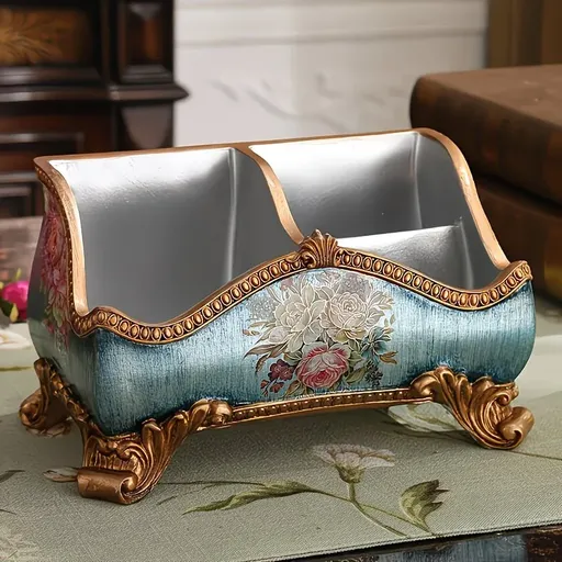 Natural Resin European Storage Box, Hand-Painted with Blooming Flowers – A Practical Storage Container and a Romantic Home Art Piece./Blue wood grain