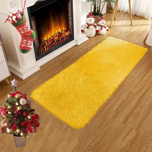 Fluffy Area Rug, Non Slip Shag Plush Runner Mat for Living Room Bedroom Hallway Kids Room and Dorm, Soft Indoor Carpet, Yellow, 40 x 80 cm