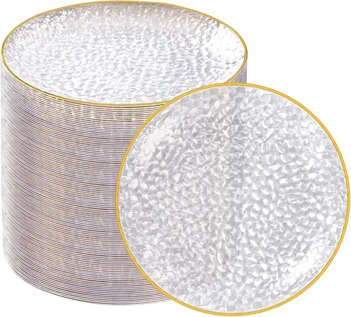 100 Pack Clear Gold Plastic Dessert Plates, 6Inch Clear Gold Small Appetizer Plates With Hammered, Heavy Duty Disposable Salad Plate, Elegant Cake Platos for Wedding, Birthday, Teatime