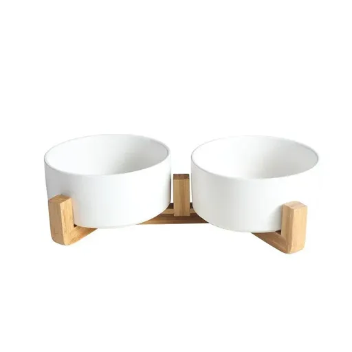 Ceramic Pet Bowl Double Cat Food Bowl Dog Water Bowl Feeding Drinking Bowl Set - White