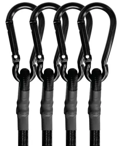 4 Pcs Bungee Cords with Carabiner Hooks Heavy Duty, Outdoor Black Bungee Straps, Strong Industrial Grade Elastic Bungee Rope for Securing Tarps, Luggage, Tents，Bikes or Garden Tidying