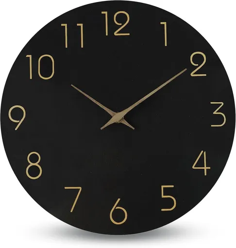 Silent Non Ticking Wall Clock, MDF Wood Dial With Large Numbers, Battery Operated, For Living Room Bedroom Kitchen Office, Black, 25 x 25 cm