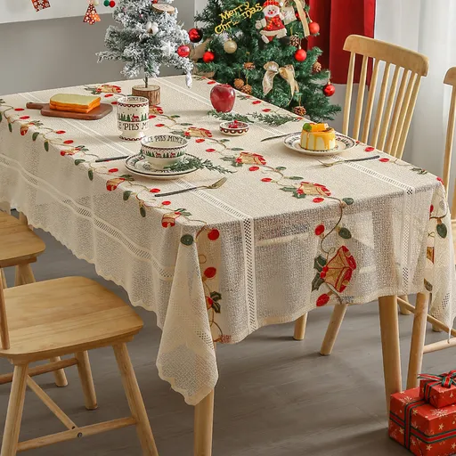 Embroidered Christmas Tablecloth - Embroidered Bells & Holly Design (140*200cm)