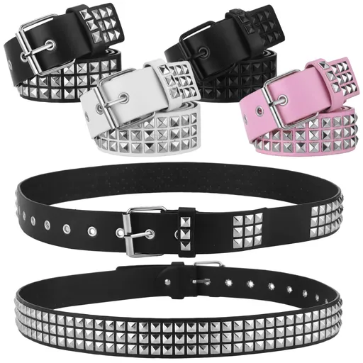 4 PCS Studded Belt Kit, Grommet Square Metal Stud PU Leather Belt for Women and Men, Adjustable Waist Belts for Jeans Pants Skirts