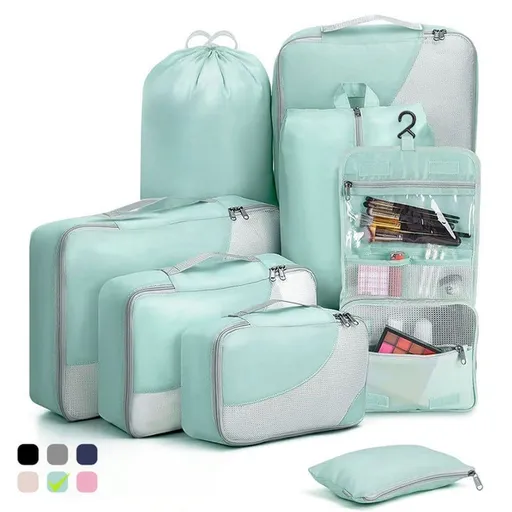 8-Piece Light Green Suitcase Organizer Set with Durable Packing Cubes and Shoe Bags, 8-Piece