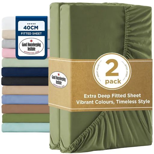 2000TC Hotel Quality Fitted Sheets - 2 Piece Fitted Sheets -Breathable Bedding - Wrinkle, Fade, Stain Resistant- 16inch/40cm Deep Pocket Fitted Bed Sheets-Wrinkle and Fade Resistant,(Olive green,Single)