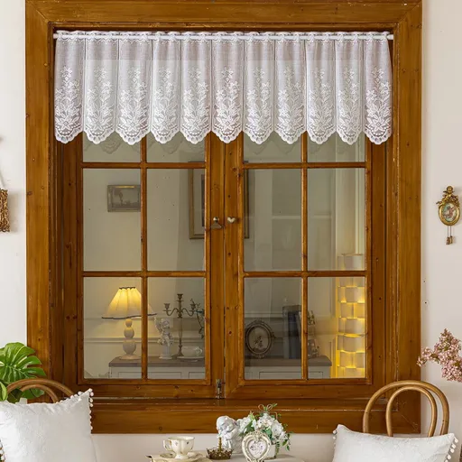 Home Designs Single White Kitchen, Flower Lace Kitchen Curtain for Floral Decor, Semi Sheer Scalloped Floral Embroidered Over Sink Cafe Curtain, Window Short Small Drapes (Only curtains,51x18 in)