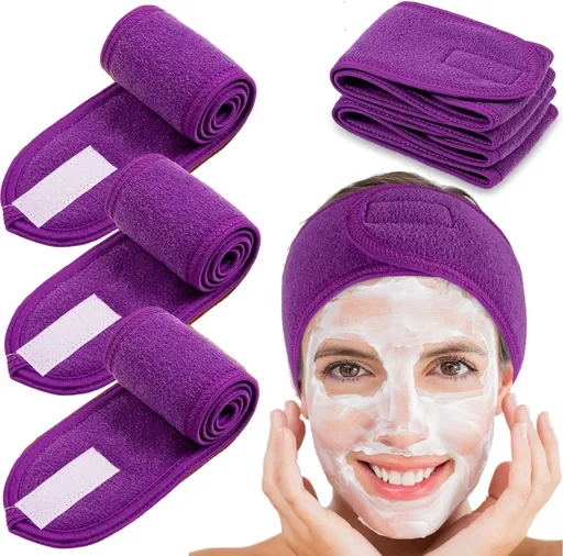 Spa Facial Headband 4 Packs Head Wrap Terry Cloth Headband Adjustable Stretch Towel for Bath, Makeup and Sport (Purple)