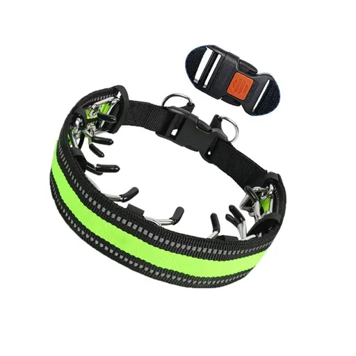 Heavy-Duty Dog Training Spike Collar with Durable Nylon Webbing, Chrome-Plated Pins & Quick-Release Buckle for Behavioral Correction, Leash Control, and Daily Walks in Multiple Sizes (Green Reflective, S)