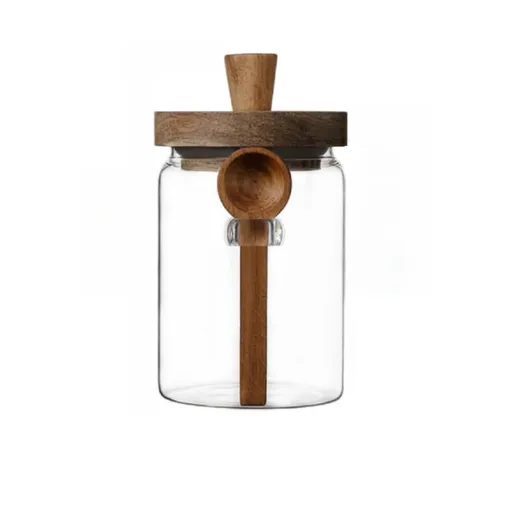 Glass Jar with Wooden Lid and Spoon, Food Storage Containers Coffee Jar Coffee Grounds Container, Glass Food Storage Canister (1 Pcs, 600ml)