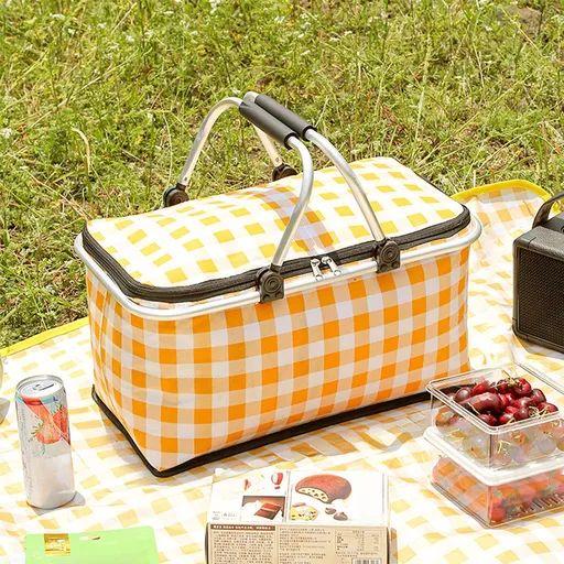 Picnic Basket, Collapsible Shopping Basket with Lid Large Market Basket with Handles Reusable Folding Grocery Basket Insulated Cooler Bag for Picnic Travel 18.5×8.7×10.6 in Yellow