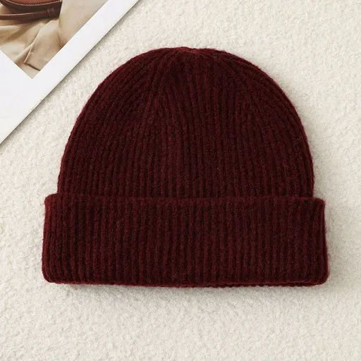 Solid Color Knit Beanie, Unisex Minimal Cuffed Warm Winter Hat with Slim Face Design—Red