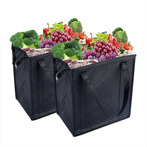 2Pcs Insulated Grocery Bags 13 x 12 x 7.1 inch Large Reusable Insulated Cooler Bags with Zipper Top Shopping Totes for Hot or Cold Food, Black