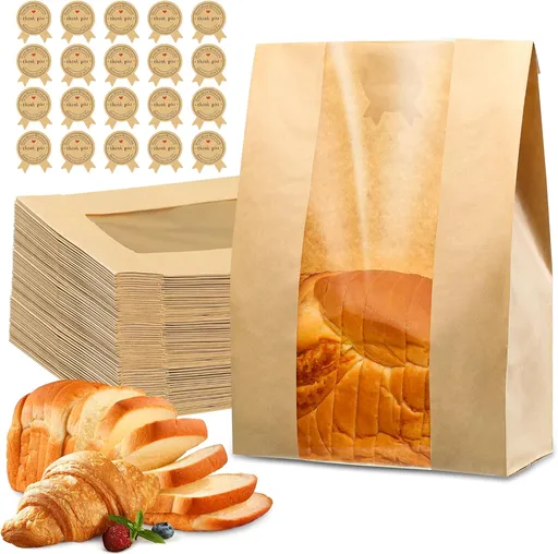 50 Pcs Bread Bag - Kraft paper with transparent window - 30*12*9 cm | Medium baking bag - Suitable for storing bread, cookies, and snacks - Includes resealable tape