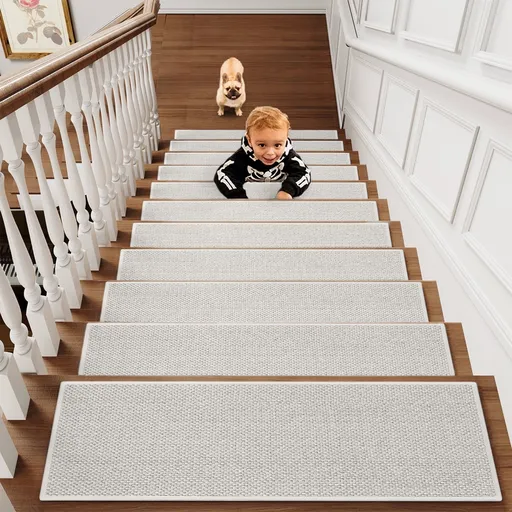 4-Piece Non-Slip Stair Treads, Self-Adhesive Striped Carpet Mats, Absorbent & Quiet Step Pads, Can Be Cut to Fit, Washable for Indoor Staircase Safety\u200b\u200b White