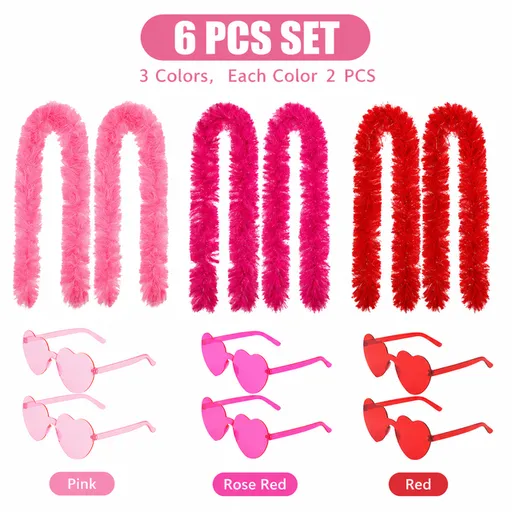 6PCS Festival Party Costume Accessories Set : Heart Shaped Sunglasses and 1.5M Feather Boas - Pink & Rose Red & Red Carnival Dress Up Kit, Colour Coordinated Fun Props for Events Celebrations and Photo Booths
