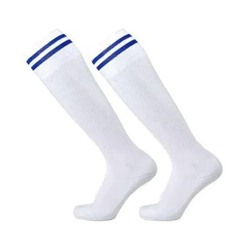 Mens Womens Sports Breathable Tube Long High Socks Knee Warm Casual Footy Soccer - White+Blue