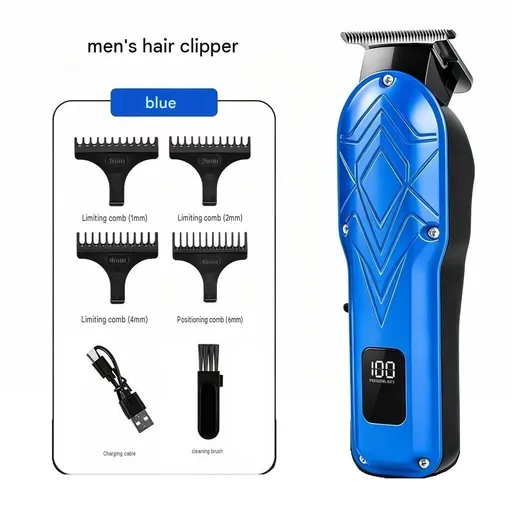 Blue Men's Electric Hair Trimmer Kit - Titanium Alloy Blade, USB Rechargeable with LED Display, 4 Guide Combs, Ergonomic Grip for Home Grooming and Beard Styling,Suitable as a Father's Day gift.