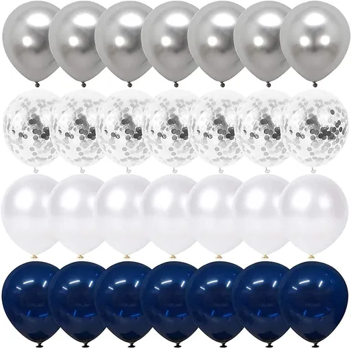 Navy Blue and Silver Confetti Balloons 50 pcs, 12 inch White Pearl and Silver Metallic Chrome Party Balloons for 2026 Graduation Party Decorations