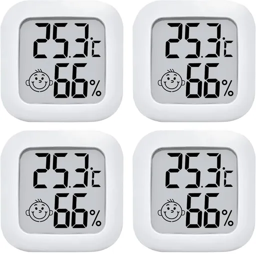 Mini hygrometer - 4 pieces - Weather station - Thermometer - Humidity meter - Highly accurate temperature monitor - Indoor thermometer - Hygrometer - Thermo-hygrometer - Comfort level indicator - White