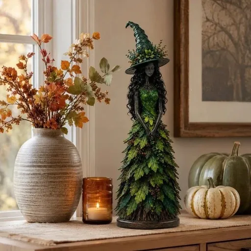 Magical Autumn Witch Resin Statue | Maple Leaf Skirt & Mysterious Pointed Hat, Exquisite Desktop Ornament, Perfect for Halloween & Thanksgiving Ambiance./GREEN