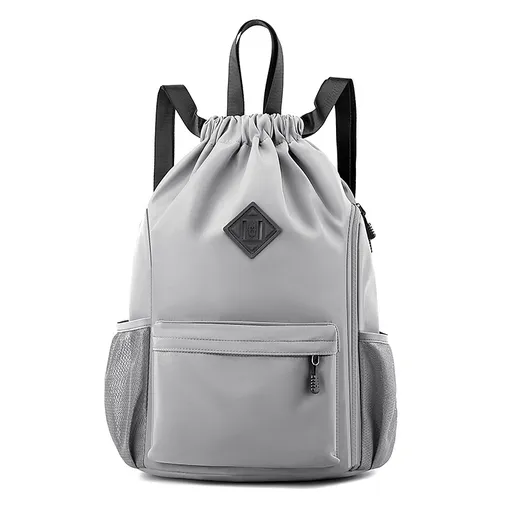 Large Drawstring Backpack Waterproof Gym Bag Lightweight Sports Sackpack with Zipper Pockets for Travel and Swimming Gray