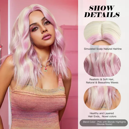 Short Pink Blonde Highlights Wavy Wig for Women Natural Blonde Roots Middle Part Heat Resistant Synthetic Fiber High Density 16In