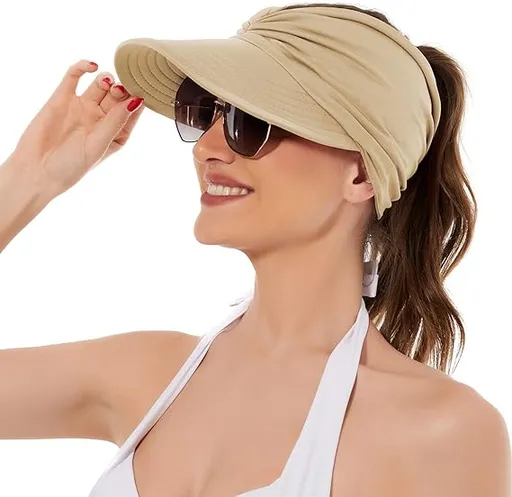 Women's UPF 50+ UV Protection Sun Visor Hat | That Girl Aesthetic High Ponytail Wide Brim Hat | Birthday Gift for Her Beach Golf Hiking Outdoor Daily Casual WearBeige