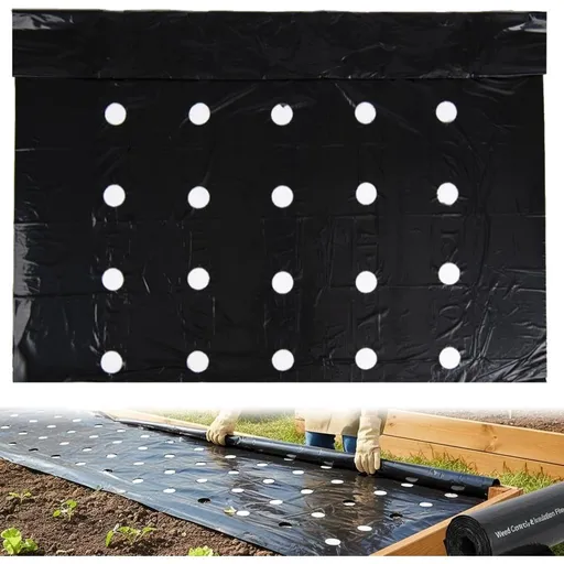 33x3 ft Heavy Duty Weed Barrier Fabric, Pre-Punched Planting Holes Black Plastic Mulch for Vegetable Garden, Lawn and Landscape Weed Control