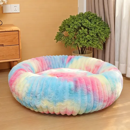 High‑Grade Rabbit Fleece Multicolor 60cm Round Pet Bed | Halloween Decorative Pet Gift | High‑Density Long Plush Round Bed for Small Medium Pets