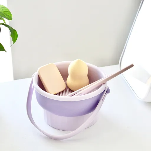 Makeup Brush Cleaning Mat, 3 In 1 Silicone Makeup Brush Cleaner Bowl with Brush Drying Holder, Makeup Brush Scrubber(Purple)