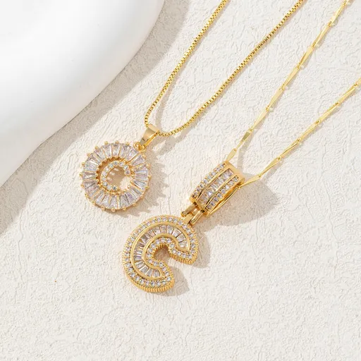 Sparkling Cubic Zirconia Initial Letter Necklace Set - Gold Plated Two-Piece Design(C)