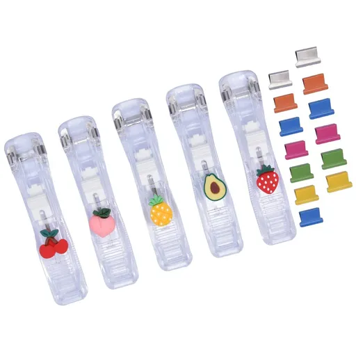 Office Supplies Push Stapler Portable Handheld Small Reusable Fast Paper Clam Clip, Pusher and 100 Stainless Steel Clips - Fruits