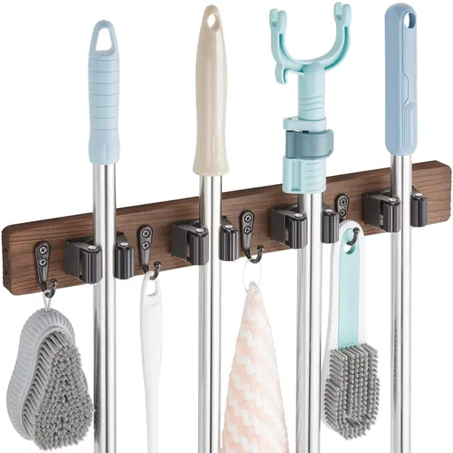 Mop Broom Holder Wall Mount with 3 Slots & 4 Hooks - Rustic Wood Broom Mop Hanger for Pantry Kitchen Organization - Garden Tool