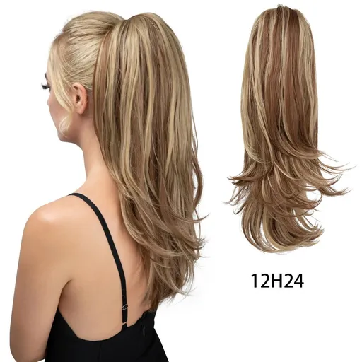 Clip-on Ponytail Hairpiece — Dual-use design, rotate 180° to switch between styles. Made of synthetic fiber, it's easy and quick to wear. Special craftsmanship ensures a natural, realistic look once put on.(colour mixture:12H24)