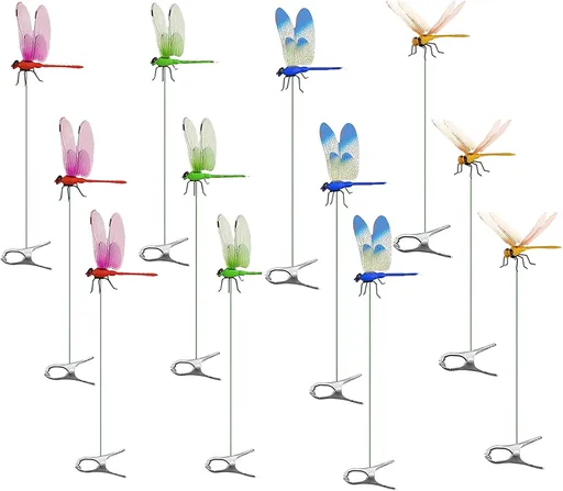 12 Pack Dragonfly Clip,Fake Dragonflies, Humming Bird Stakes Fake, Plastics Dragonfly for Garden Stakes Decor Yard Ornaments for Hat,Deer and Horse,Fly Scare Devices for Indoor Outdoor