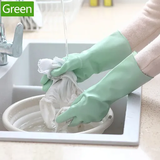 1 Pair Rubber Gloves for Dishwashing Cleaning, Cotton Lined Household Gloves, Waterproof Gloves for Kitchen Bathroom, Reusable, Mint Green, Size L