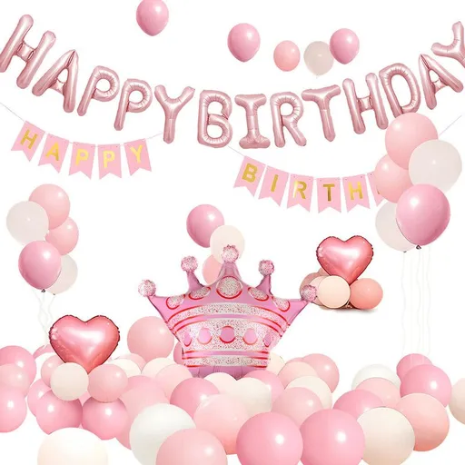 Birthday Party Decor Set: “HAPPY BIRTHDAY” Balloons + Bunting + Crown Set, Birthday Party Decor - Pink Set