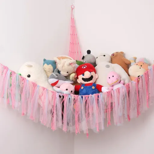 Pink Corner Plush Toy Organizer (100x100x150cm) with Ribbon Accent & Installation Kit - Handwoven Cotton Mesh Toy Storage Hammock