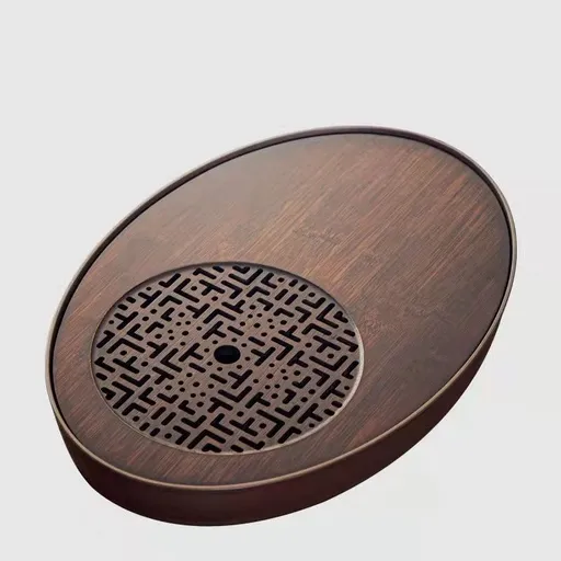 Oval Kungfu Bamboo Tea Tray Table Box with Water Storage for Gongfu Tea Set (Walnut colored oval，Medium)