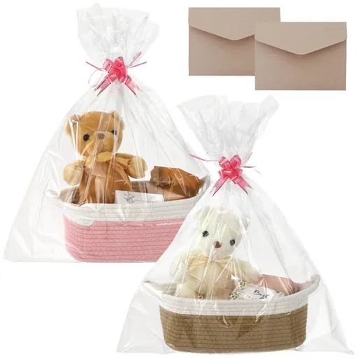 2PCS Woven Gift Basket Set, Soft Cotton Rope Empty Gift Basket with Wrapping Bags, Greeting Cards and Envelopes, Foldable Storage for Birthdays, Valentine’s Day, Christmas